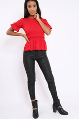 Red Peplum Frill Detail Top with Frill Sleeves - Gretta