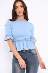 Sky Blue Peplum Frill Detail Top with Frill Sleeves - Gretta