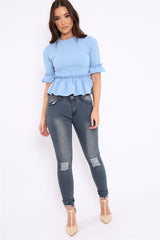 Sky Blue Peplum Frill Detail Top with Frill Sleeves - Gretta