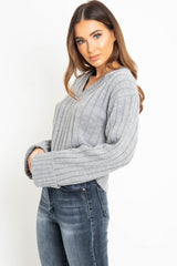 Grey Wide Rib V Neck Jumper - Alinah