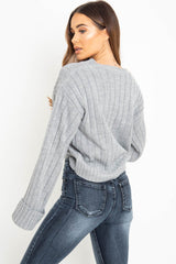 Grey Wide Rib V Neck Jumper - Alinah