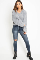 Grey Wide Rib V Neck Jumper - Alinah