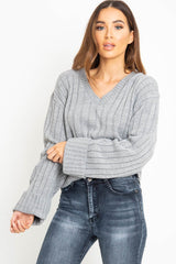 Grey Wide Rib V Neck Jumper - Alinah
