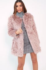 Pink Shaggy Faux Fur Coat - Evalina