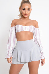 White Pink Stripe Buckle Front Extreme Bardot Crop Top - Theora