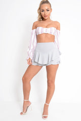 White Pink Stripe Buckle Front Extreme Bardot Crop Top - Theora