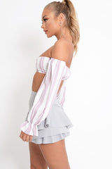 White Pink Stripe Buckle Front Extreme Bardot Crop Top - Theora