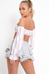 White Pink Stripe Buckle Front Extreme Bardot Crop Top - Theora