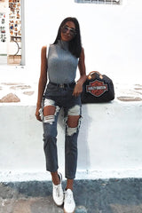 Grey White Rib Funnel Neck Knit Top - Moriyah