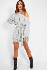 Grey Belted Cold Shoulder Jumper Dress - Elston
