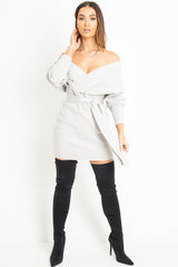Grey Rib Belted Plunge Jumper Dress - Ember