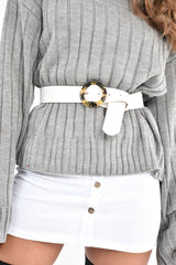 White Faux Leather Tortoise Shell Buckle Belt - Marjorie