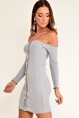 Grey Rib Bardot Button Down Mini Dress - Janora