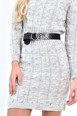 Black Faux Croc PU Double Circle Buckle Belt - Tansy