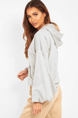 Grey Balloon Sleeve Pocket Front Hoodie - Lainee