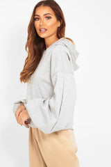 Grey Balloon Sleeve Pocket Front Hoodie - Lainee