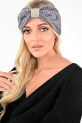 Grey Knitted Diamante Detail Headband - Marylu