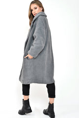Grey Teddy Long Double Breasted Coat - Miriam
