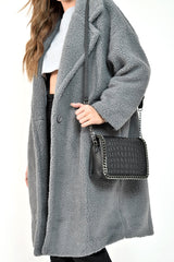 Grey Teddy Long Double Breasted Coat - Miriam