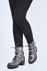 Grey Patent Stud Buckle Detail Biker Boots - Raylea