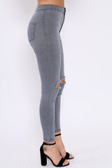 Grey Ripped Knee High Waist Skinny Jeans -Leeya
