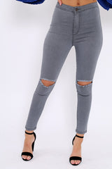 Grey Ripped Knee High Waist Skinny Jeans -Leeya