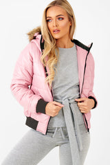 Dusky Pink Faux Fur Hooded Puffer Coat - Kamorah