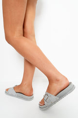 Grey Studded Buckle Sliders - Feliciti