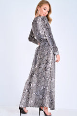 Grey Snake Print Plunge Belted Maxi Dress - Abela
