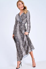 Grey Snake Print Plunge Belted Maxi Dress - Abela