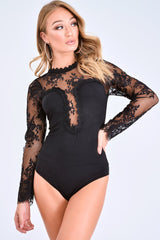Black Lace Mesh Insert Plunge Bodysuit - Taylen