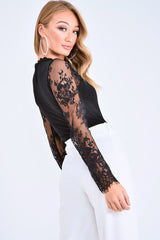 Black Lace Mesh Insert Plunge Bodysuit - Taylen