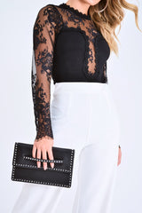 Black Lace Mesh Insert Plunge Bodysuit - Taylen