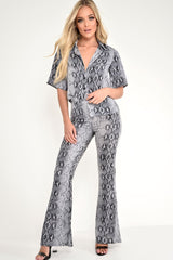 Grey Snake Print High Waisted Flare Trousers And Shirt Co-ord - Colynn