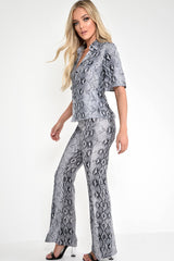 Grey Snake Print High Waisted Flare Trousers And Shirt Co-ord - Colynn