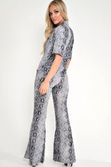 Grey Snake Print High Waisted Flare Trousers And Shirt Co-ord - Colynn