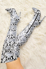 Grey Snake Print Knee High Boots - Janelle
