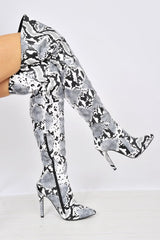 Grey Snake Print Knee High Boots - Janelle