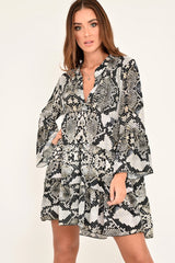 Grey Snake Print Plunge Flute Sleeve Shift Dress - Olesya