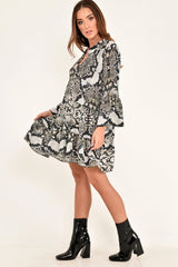 Grey Snake Print Plunge Flute Sleeve Shift Dress - Olesya