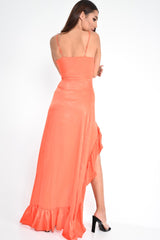 Red Split Front Ruffle Hem Maxi Dress - Kaela