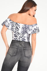 Grey Mixed Animal Print Bardot Bodysuit - Jaye