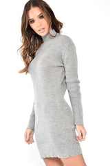 Grey Rib Bodycon Turtle Neck Mini Dress - Tesia