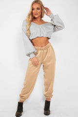 Grey Plunge off Shoulder Cropped Sweatshirt - Zarah
