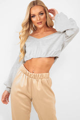 Grey Plunge off Shoulder Cropped Sweatshirt - Zarah