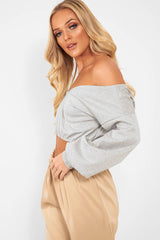 Grey Plunge off Shoulder Cropped Sweatshirt - Zarah