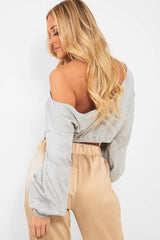 Grey Plunge off Shoulder Cropped Sweatshirt - Zarah