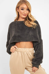 Charcoal Fluffy Long Sleeve Crop Jumper - Noura