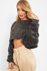 Charcoal Fluffy Long Sleeve Crop Jumper - Noura