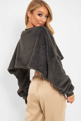 Charcoal Fluffy Long Sleeve Crop Jumper - Noura